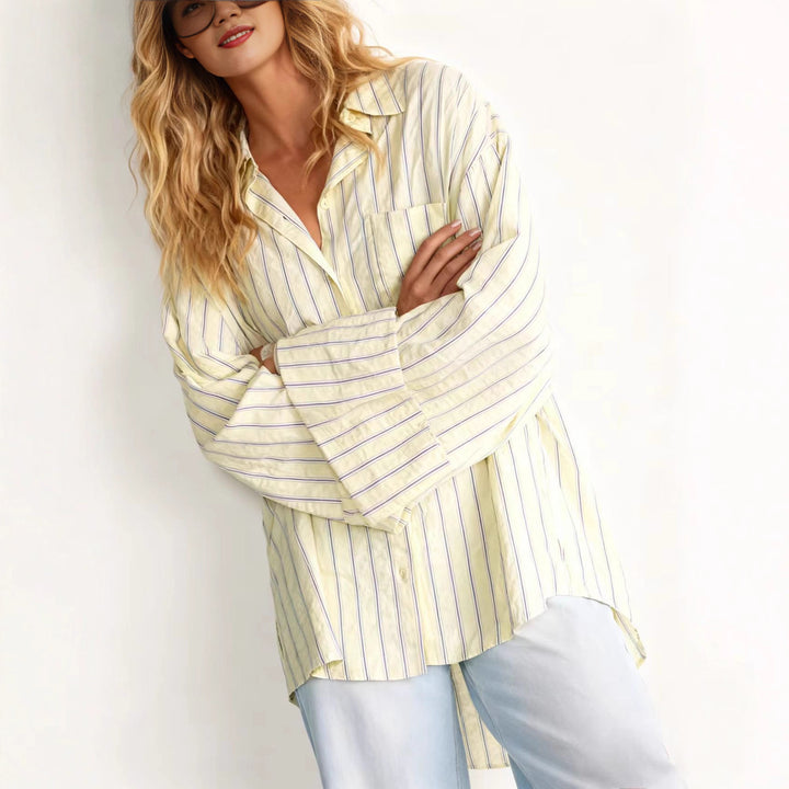 Damen Oversize-Hemdbluse mit weitem Glockenärmel und feinem Streifenmuster Drune