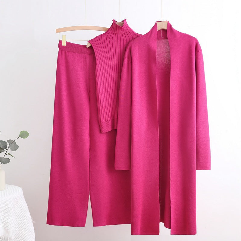 Damen gemütliches Strick-Loungewear-Set mit langem Cardigan und Rippenshirts Drune