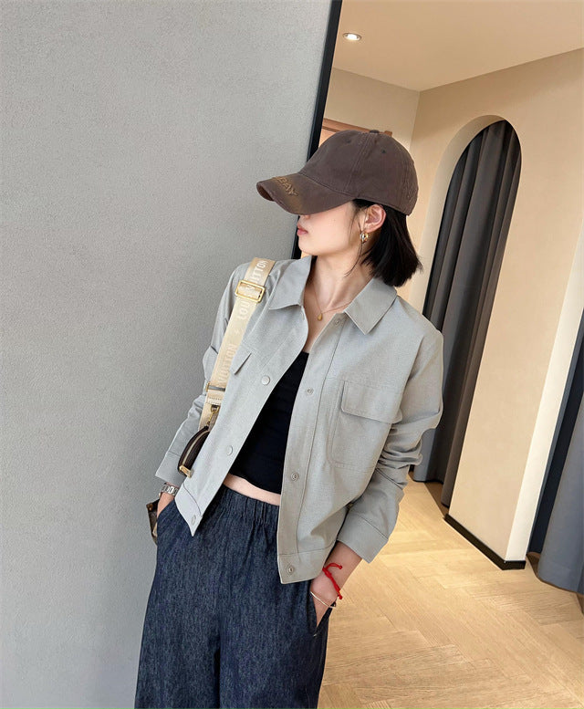 Damen Kurze Overshirt-Jacke aus strukturiertem Canvas mit Brusttaschen Drune