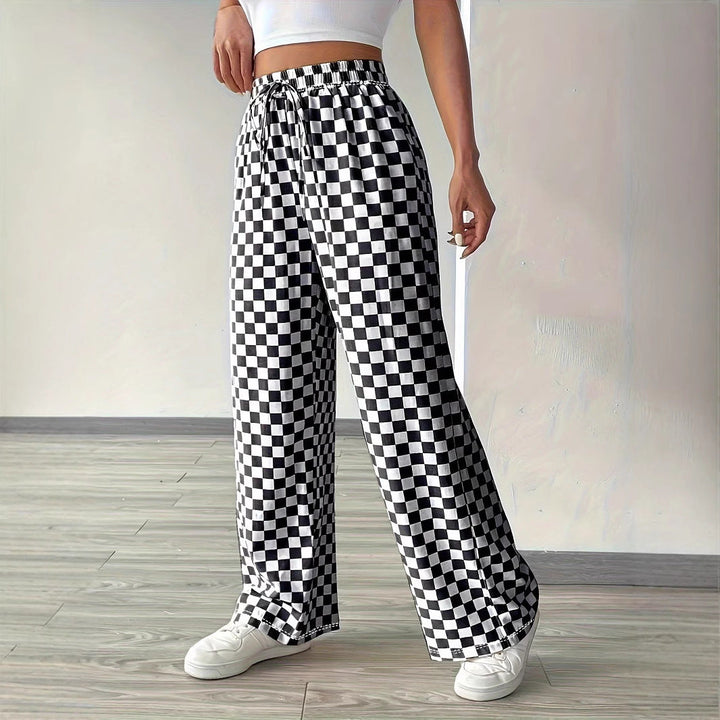 Damen Weite Freizeithose mit kariertem Muster und elastischem Bund Drune