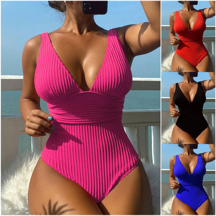 Damen Einteiliger Badeanzug mit figurbetontem Design und tiefem V-Ausschnitt Drune