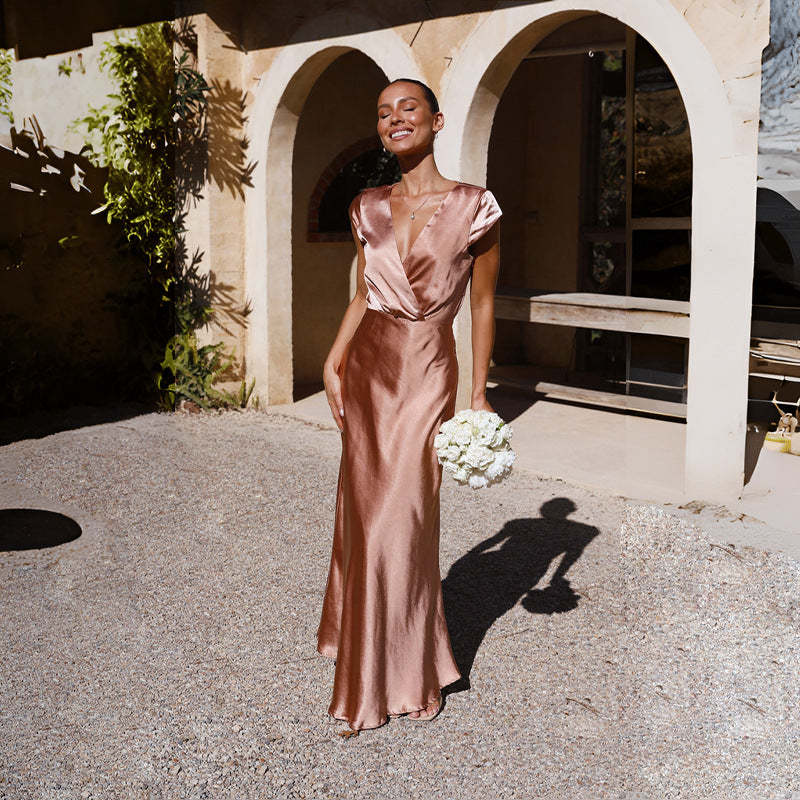 Damen Elegantes Langkleid mit V-Ausschnitt und fließendem Schnitt Drune