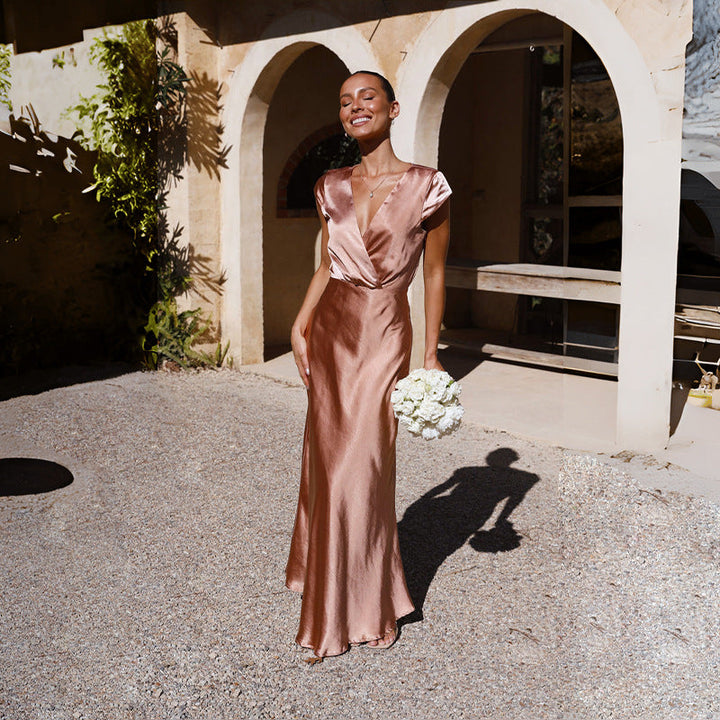 Damen Elegantes Langkleid mit V-Ausschnitt und fließendem Schnitt Drune