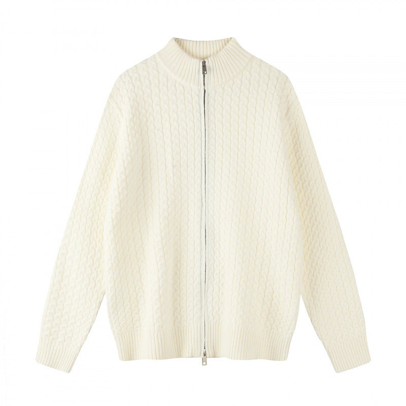 Unisex Boxy-Strickjacke mit Zopfmuster, Stehkragen und Zwei-Wege-Reißverschluss Drune