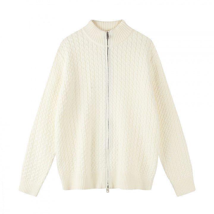 Unisex Boxy-Strickjacke mit Zopfmuster, Stehkragen und Zwei-Wege-Reißverschluss Drune