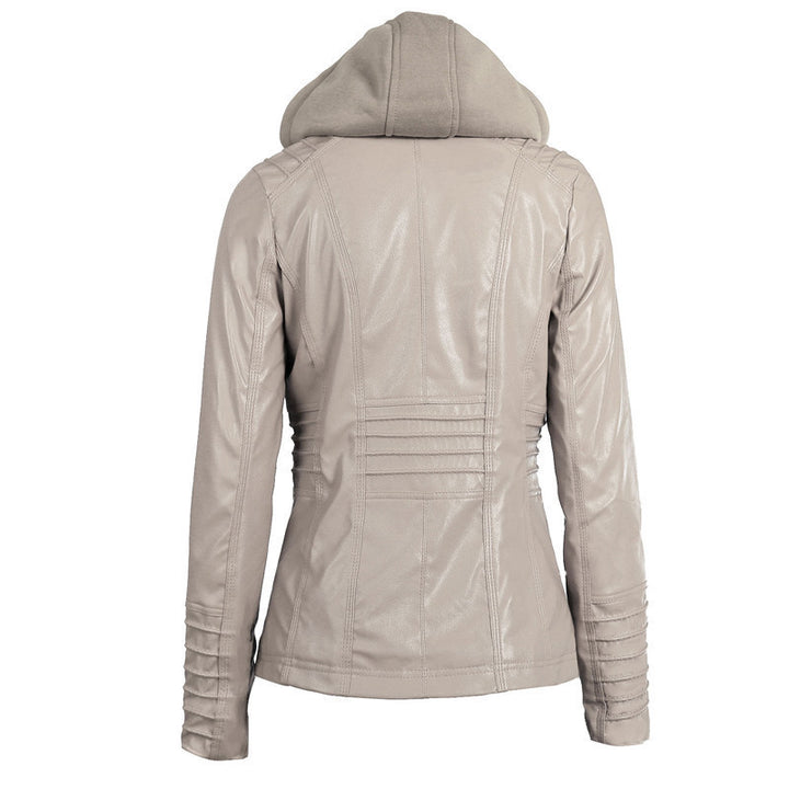 Damen Kunstlederjacke mit abnehmbarer Kapuze, tailliertem Schnitt und Reißverschlusstaschen Drune