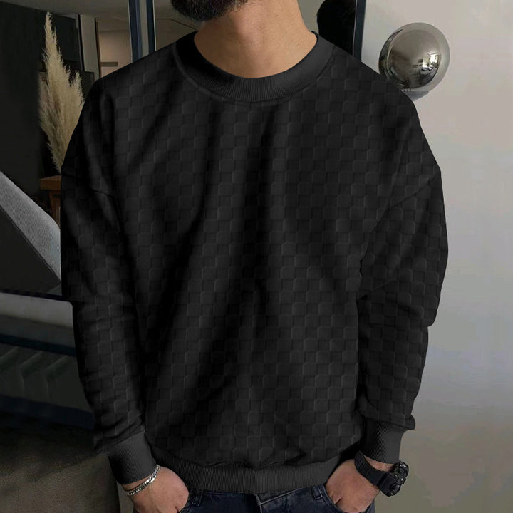 Herren Strukturiertes Baumwoll-Sweatshirt mit Karo-Prägung und Rundhalsausschnitt Drune
