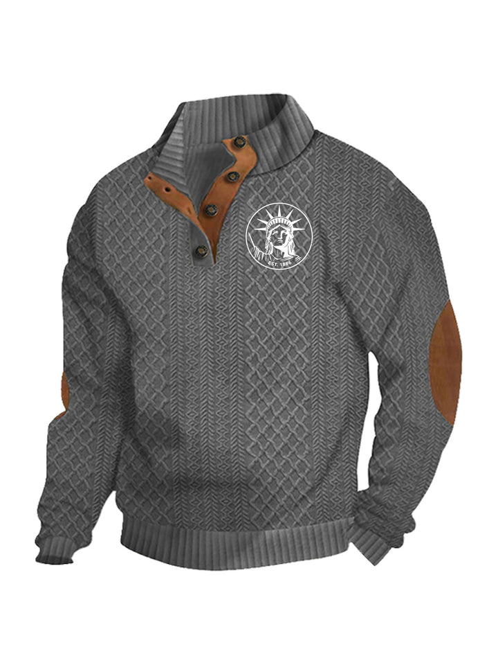 Herren nan Heritage-Strukturpullover mit Stehkragen Lederimitat-Besatz Ellenbogen-Patches und Halbknopfleiste Drune