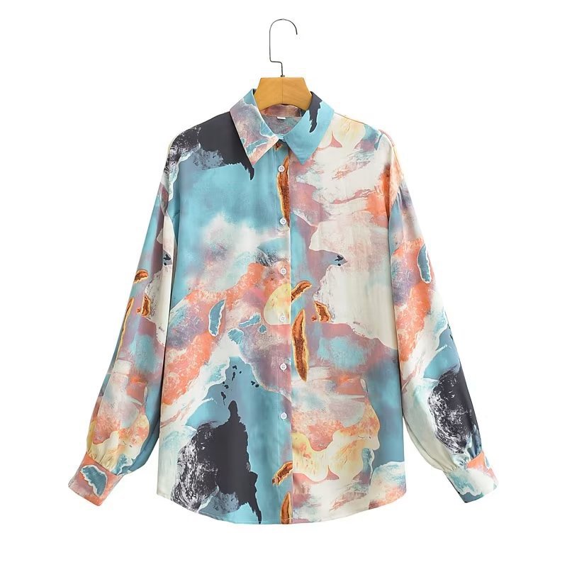 Damen Seidenoptik-Hemdbluse mit abstraktem Print und Oversize-Schnitt Drune