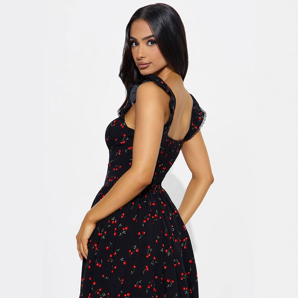 Damen Sommerkleid mit verspieltem Kirschmuster und Spitzenakzenten Drune