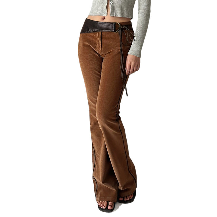 Damen nan ausgestellte Cordhose mit hohem Bund, Lederbesatz und Bindeband Drune