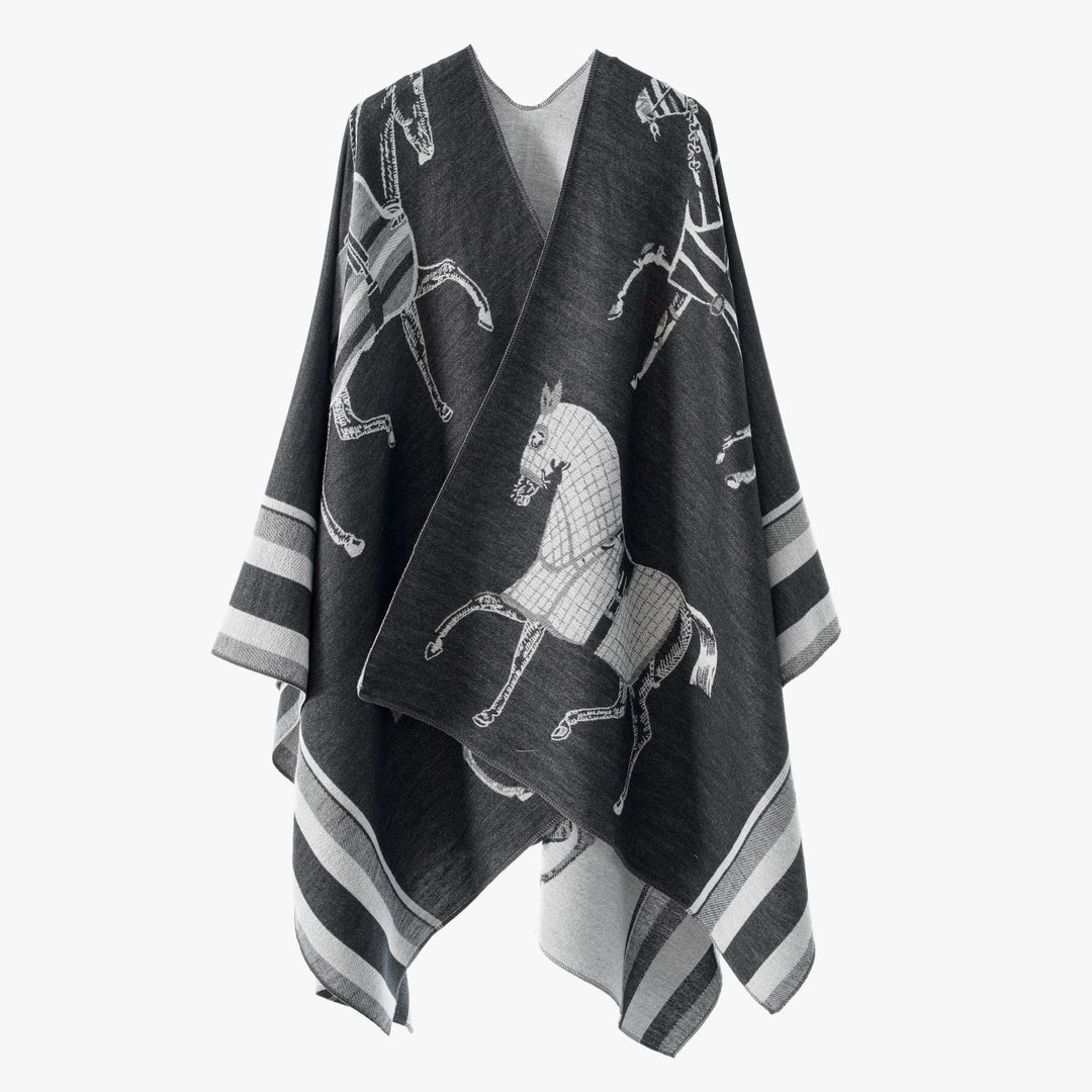 Damen Jacquard-Poncho-Überwurf mit Pferde-Motiv und kastiger Kimono-Silhouette Drune