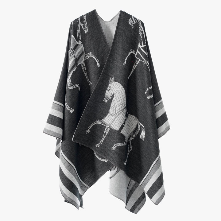 Damen Jacquard-Poncho-Überwurf mit Pferde-Motiv und kastiger Kimono-Silhouette Drune