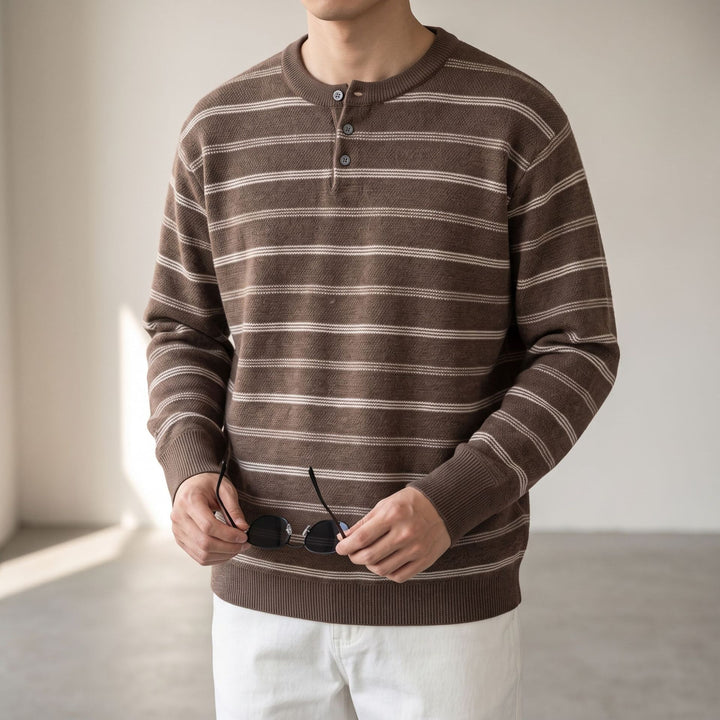 Herren Henley‑Strickpullover mit feiner Struktur und horizontalen Streifen Drune