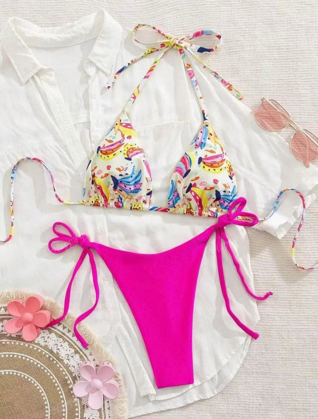 Damen Bikini-Set mit buntem Obstmuster und seitlichem Knoten Drune