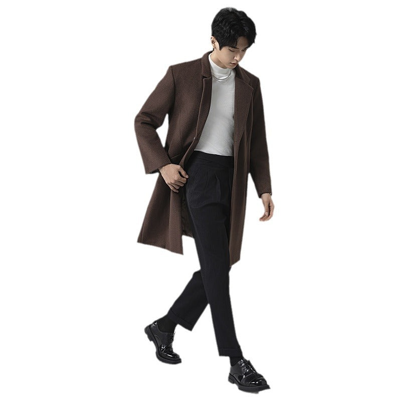 Herren Eleganter Longline-Wollmantel mit minimalistischem Revers und taillierter Silhouette Drune