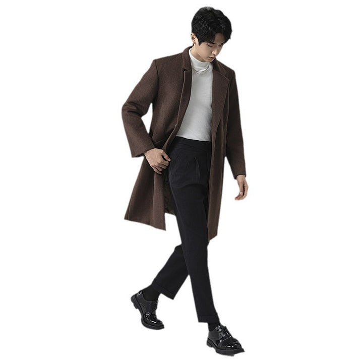 Herren Eleganter Longline-Wollmantel mit minimalistischem Revers und taillierter Silhouette Drune