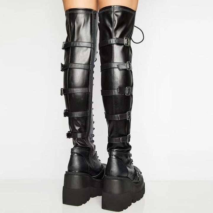 Damen Overknee-Boots im Biker-Stil mit durchgehender Schnürung, Seitenreißverschluss und klobiger Plateausohle Drune