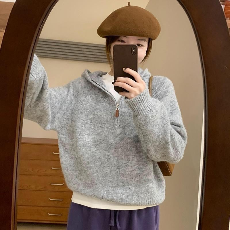 Damen bequemer Hoodie-Pullover mit halbem Reißverschluss und Puffärmeln Drune