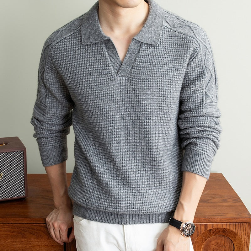 Herren Polo-Pullover mit strukturiertem Waffelstrick und Zopfmuster-Ärmeln Drune