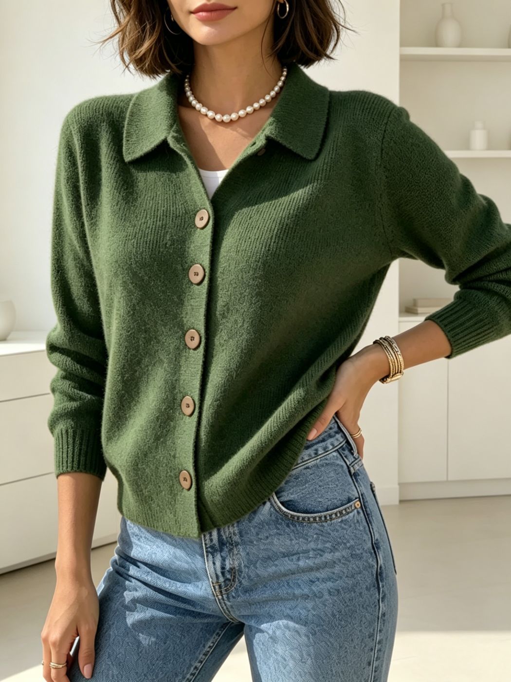 Damen Feinstrick-Cardigan mit Hemdkragen, entspannter Silhouette und Holzknöpfen Drune