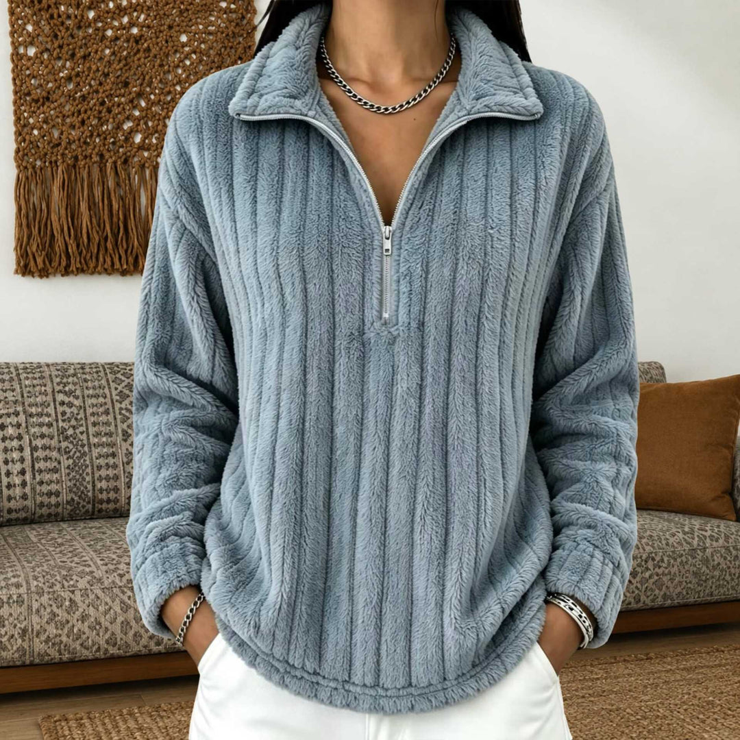 Damen Kuscheliger Plüsch-Halfzip-Pullover mit Stehkragen Drune