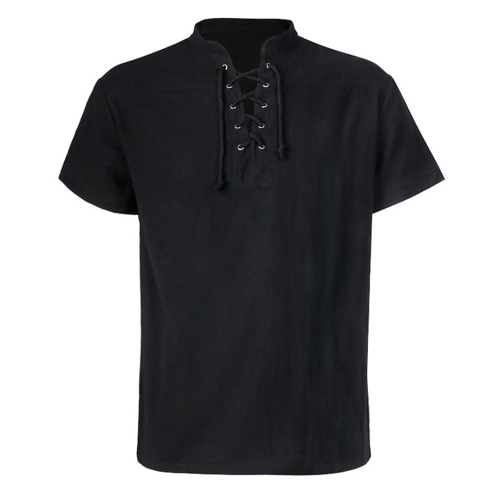 Herren nan lässiges Kurzarmshirt mit geschnürter V-Kehle, kurzem Stehkragen und weichem Baumwollmix Drune