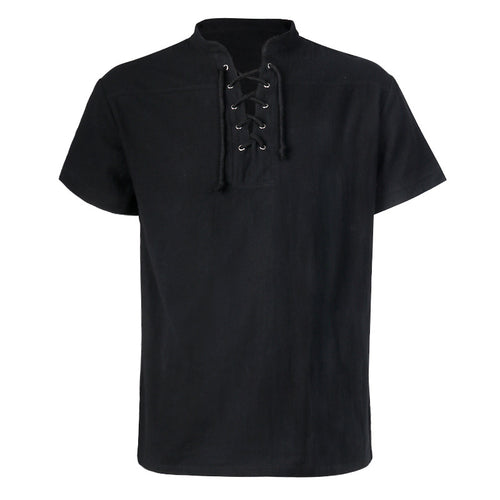 Herren nan lässiges Kurzarmshirt mit geschnürter V-Kehle, kurzem Stehkragen und weichem Baumwollmix Drune