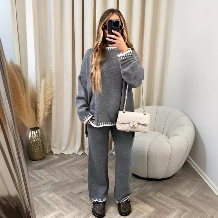 Damen nan lässiger Strick-Hausanzug mit Oversize-Pullover und weiter Strickhose Drune