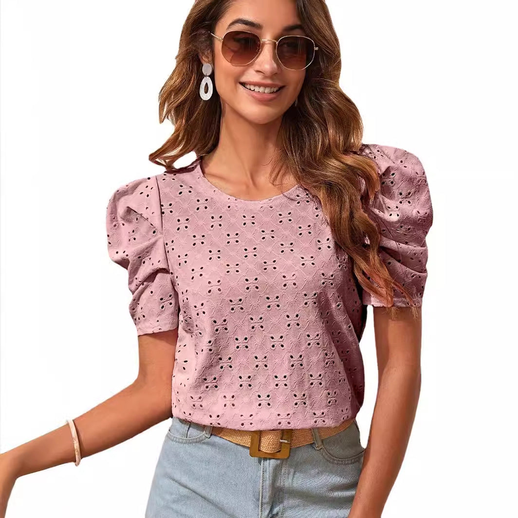 Damen Chic Kurzarmbluse mit Puffärmeln und Lochmuster Drune