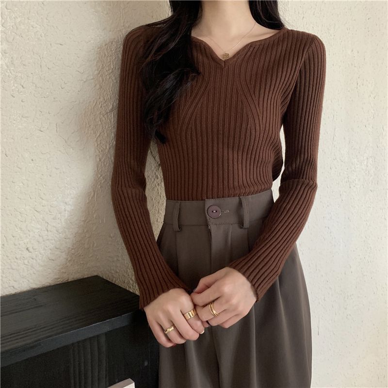 Damen V-förmiger Feinstrickpullover mit Rippstruktur Drune
