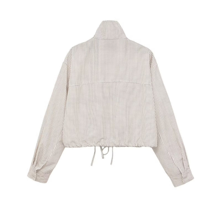Damen Karierte Cropped-Jacke mit Stehkragen, Tunnelzug und verdecktem Reißverschluss Drune