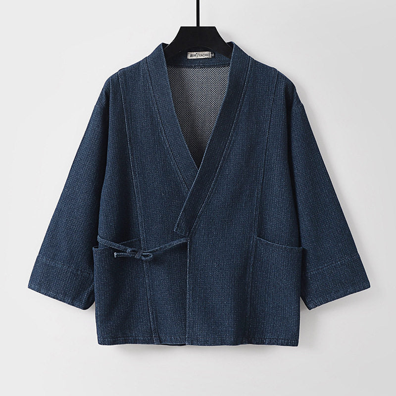 Unisex Jeans-Kimono-Jacke mit Bindegürtel und aufgesetzten Taschen Drune