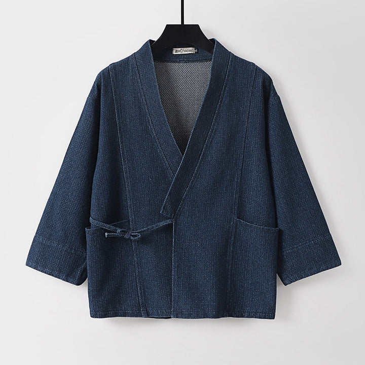 Unisex Jeans-Kimono-Jacke mit Bindegürtel und aufgesetzten Taschen Drune