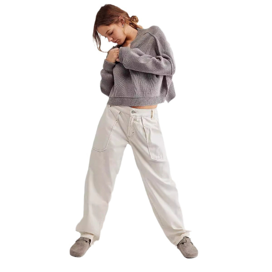 Damen nan weite High-Waist Baggy-Jeans mit tiefem Schritt, Five-Pocket Design und extra-langen Beinen Drune