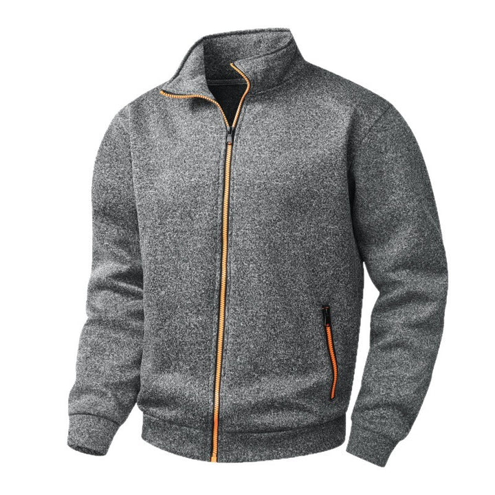 Herren Fleece-Strickjacke mit durchgehendem Reißverschluss, Stehkragen & Neon-Kontrastdetails Drune