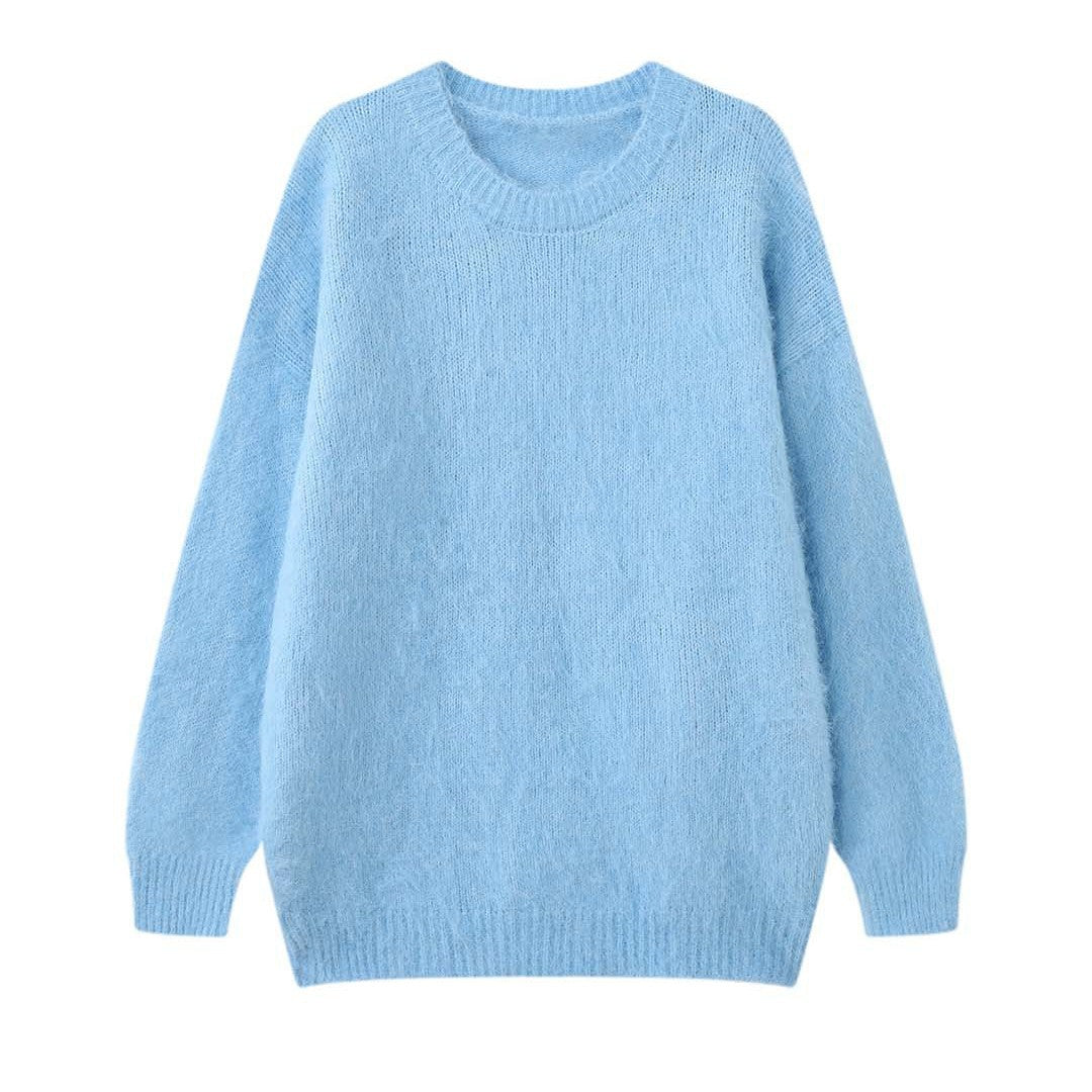 Damen Weicher Oversize Mohair‑Optik Pullover mit geripptem Saum und Rundhalsausschnitt Drune