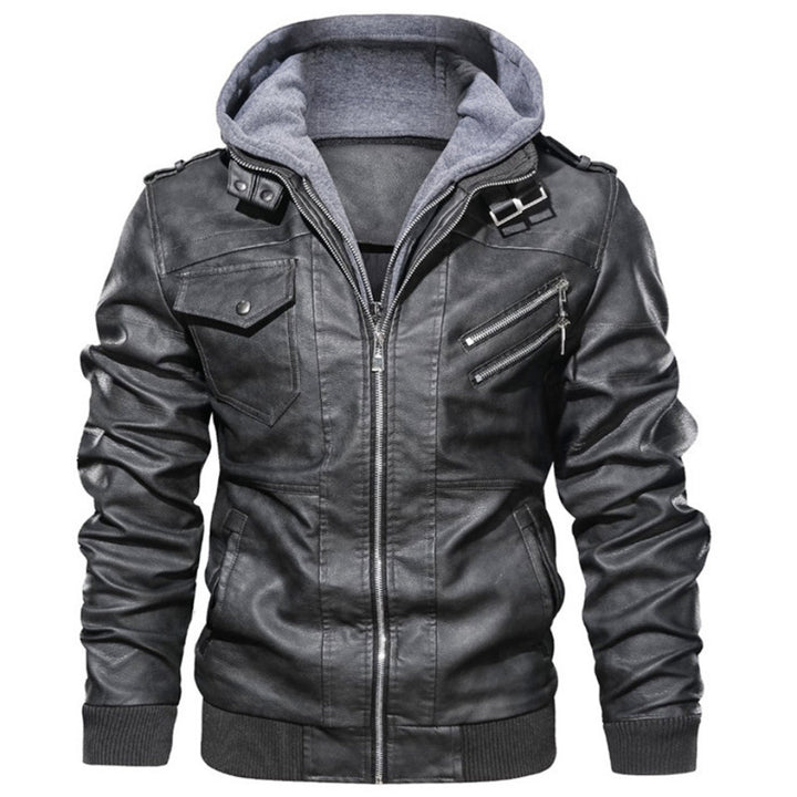 Herren Trendige Lederjacke mit Kapuze Drune