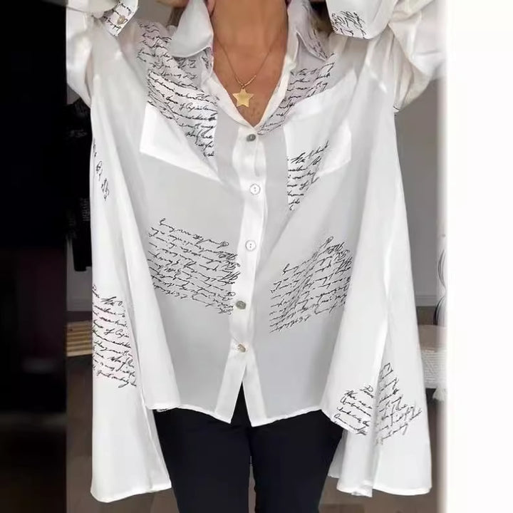 Damen Oversize Hemd Bluse aus leichtem Chiffon mit Text-Patch-Druck und aufgenähter Brusttasche Drune