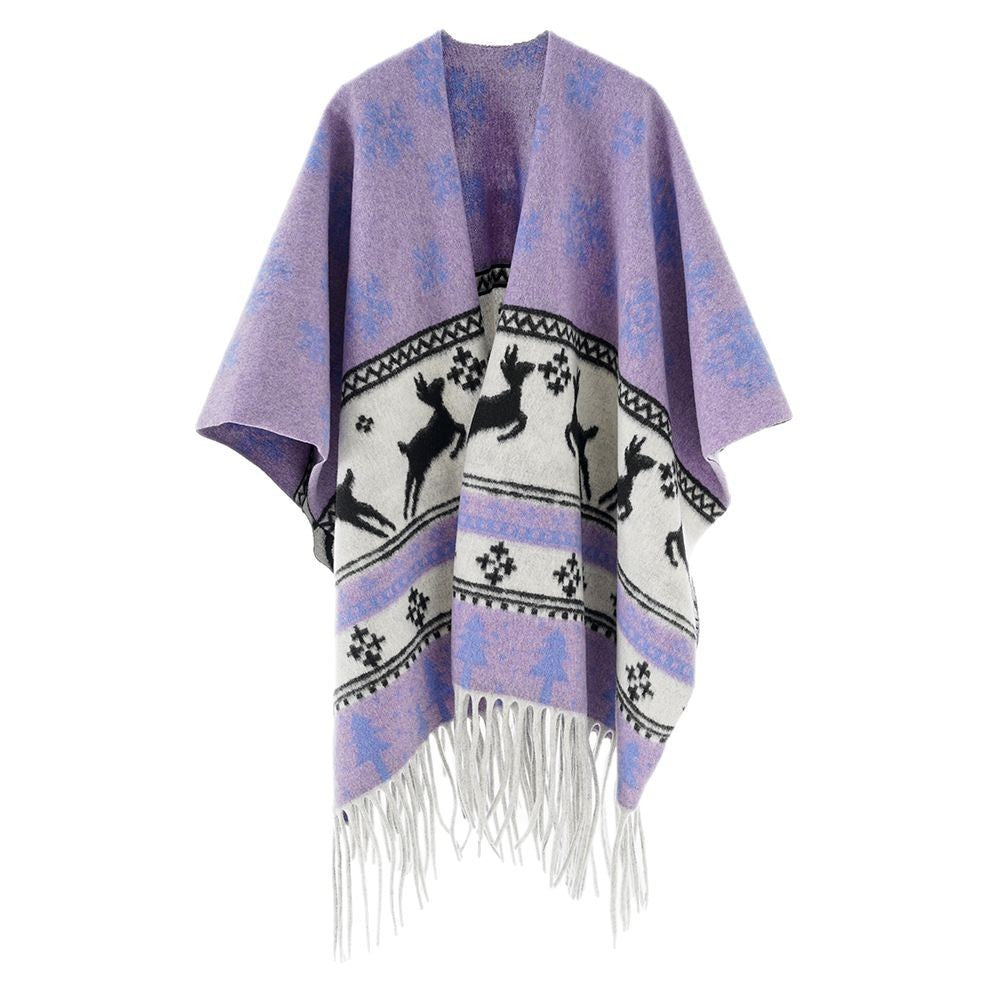 Damen Oversize-Poncho mit Norweger-Motiv und Fransen aus Wollmix Drune