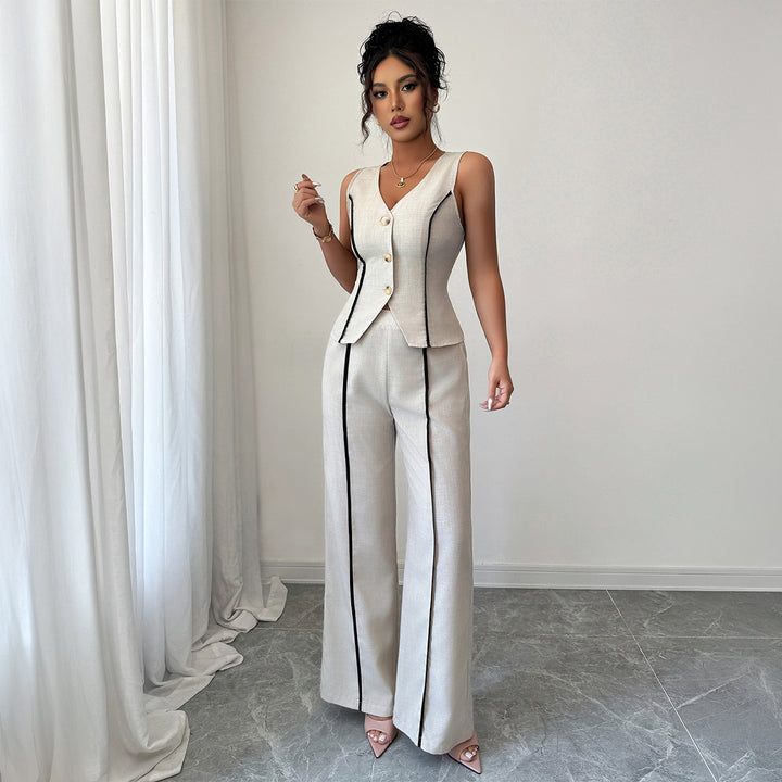 Damen elegante Hose-Anzug mit tailliertem Oberteil und Knopfdetails Drune