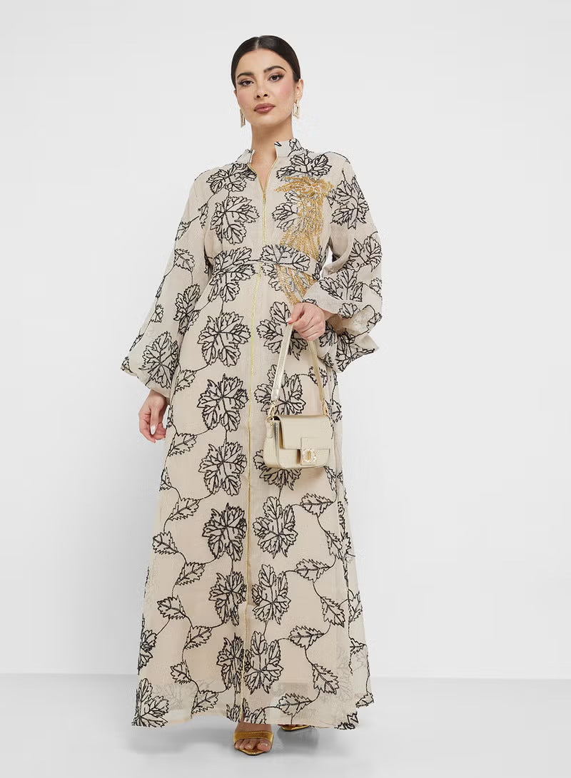 Damen Besticktes Maxikleid im Kaftan-Stil mit Reißverschluss, Taillengürtel und Ballonärmeln Drune