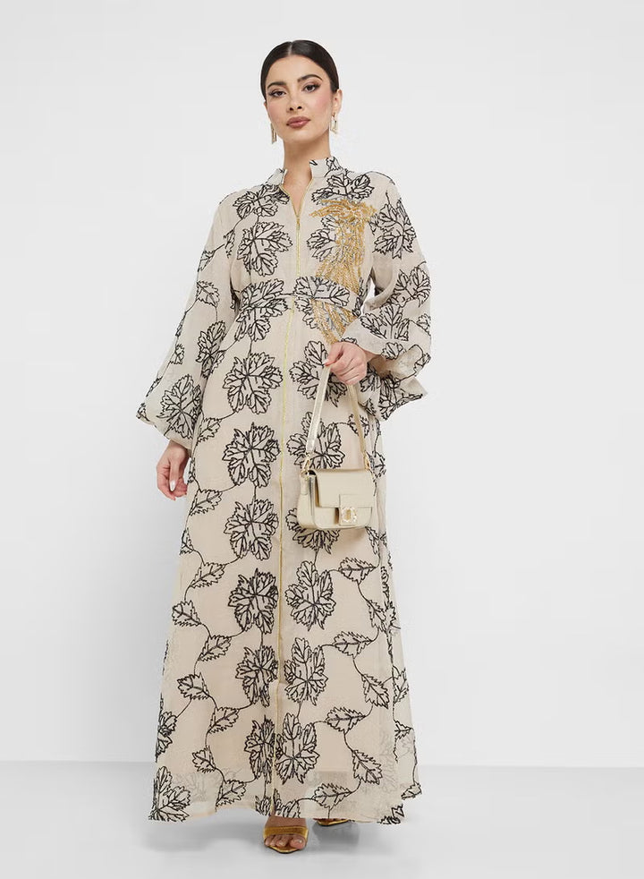 Damen Besticktes Maxikleid im Kaftan-Stil mit Reißverschluss, Taillengürtel und Ballonärmeln Drune