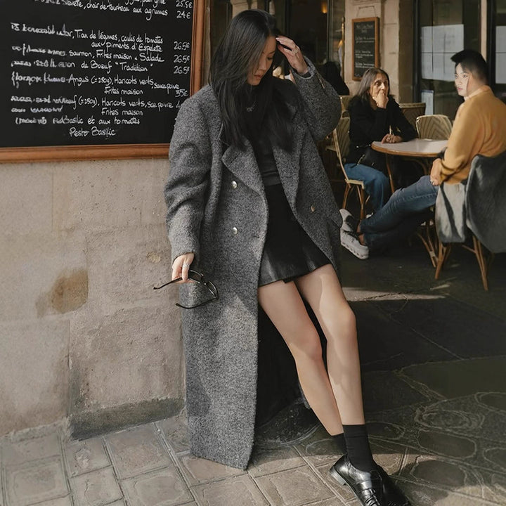 Damen Maxilanger Oversize-Wollmix-Mantel doppelreihig mit kastiger Silhouette und aufgesetzten Pattentaschen Drune