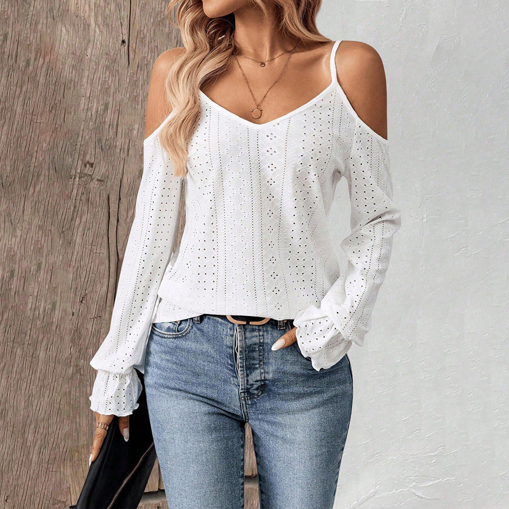 Damen Oberteil mit Off-Shoulder Design und feiner Lochstickerei Drune