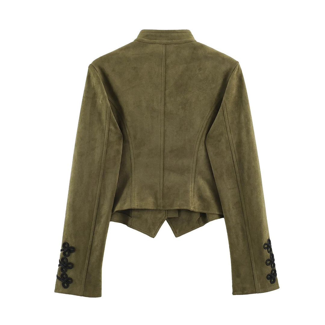 Damen Taillierte Cropped Militärjacke aus Wildlederimitat mit Stehkragen und dekorativen Zierkordeln Drune