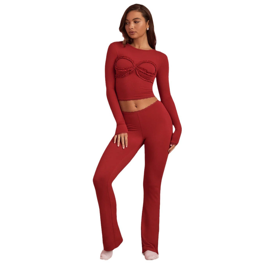 Damen körperbetontes Langarm-Crop-Top mit Rüschendetails Drune