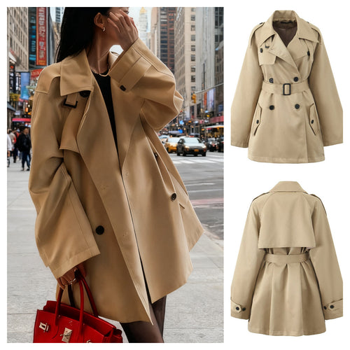 Damen Kurzer taillierter Doppelreiher-Trench mit Cape-Ärmeln und Bindegürtel Drune