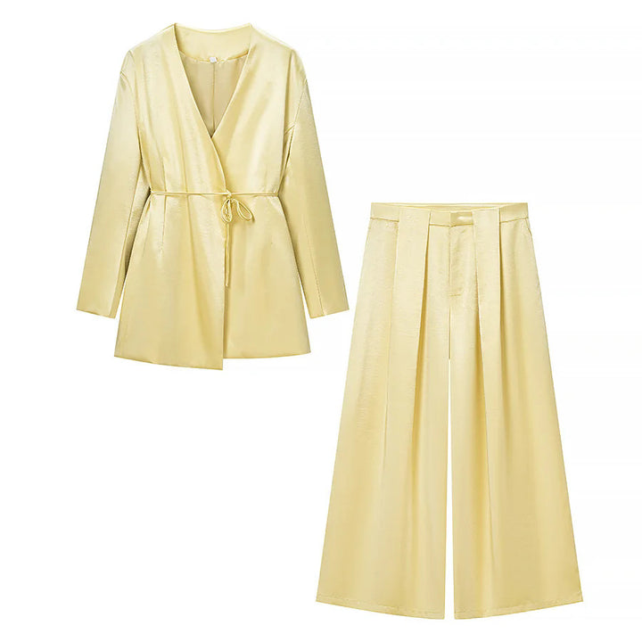 Damen nan elegantes Zweiteiler-Set mit Wickelblazer, taillierendem Bindegürtel und weitem Palazzohose Drune