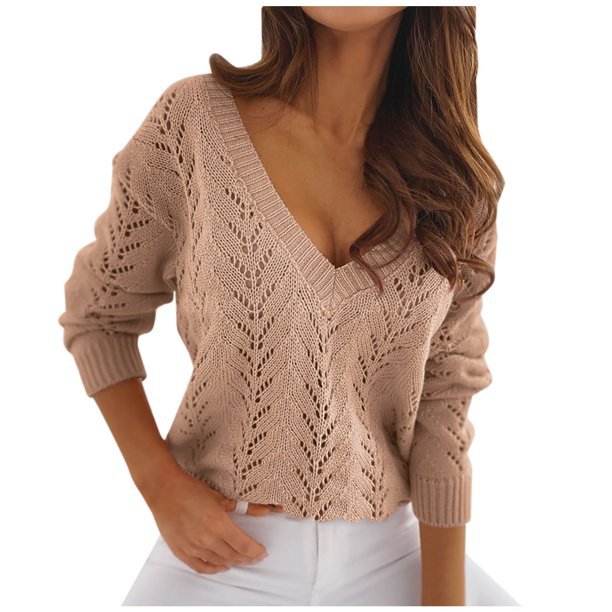 Damen Strickpullover mit Häkelmuster und V-Ausschnitt Drune